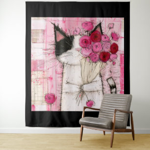 Tuxedo Cat Holding Pink Rose Bouquet Tapestry
