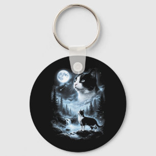 Tuxedo Cat Howling At Moon 90s Retro Key Ring