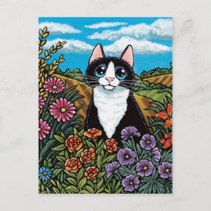 Tuxedo Cat in a Flower Field Meadow Postcard
