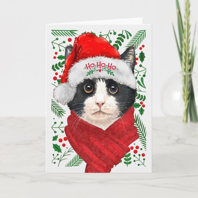 Tuxedo Cat in a Santa Hat Meowy Christmas Holiday Card (Front)