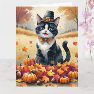 Tuxedo Cat In Autumn Leaves Thanksgiving Art Card
