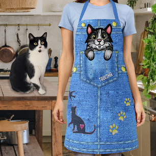 Tuxedo Cat in Faux Denim Pocket with Custom Name Apron