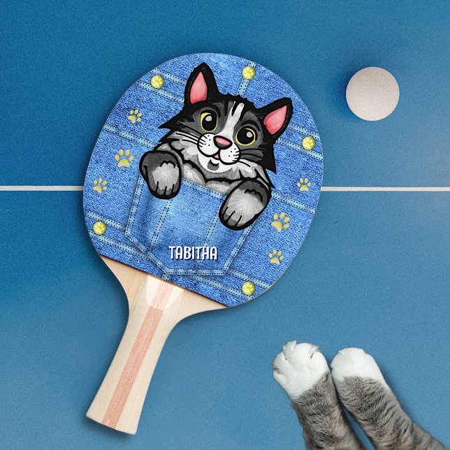 Tuxedo Cat in Faux Denim Pocket with Custom Name Ping Pong Paddle (Creator Uploaded)