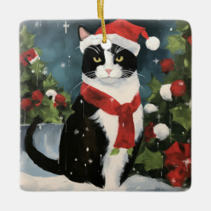 Tuxedo Cat in Snow Christmas Ceramic Ornament