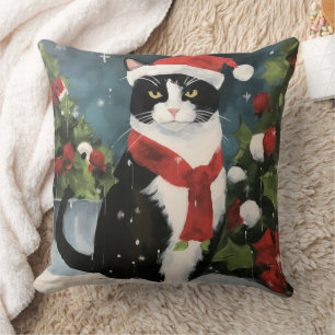 Tuxedo Cat in Snow Christmas Cushion
