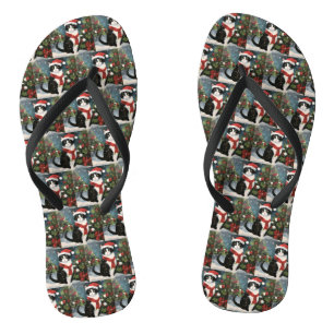 Tuxedo Cat in Snow Christmas Flip Flops