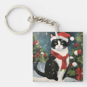 Tuxedo Cat in Snow Christmas Key Ring
