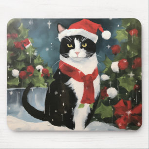Tuxedo Cat in Snow Christmas Mouse Mat