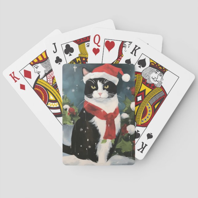 Tuxedo Cat in Snow Christmas Playing Cards (Back)