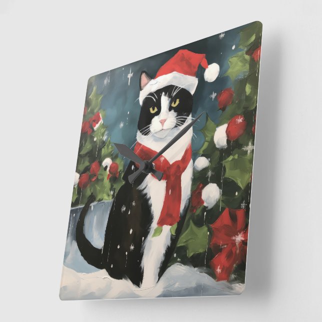 Tuxedo Cat in Snow Christmas Square Wall Clock (Angle)