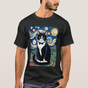 Tuxedo Cat in Starry Sky Art Style for Cat Lovers T-Shirt