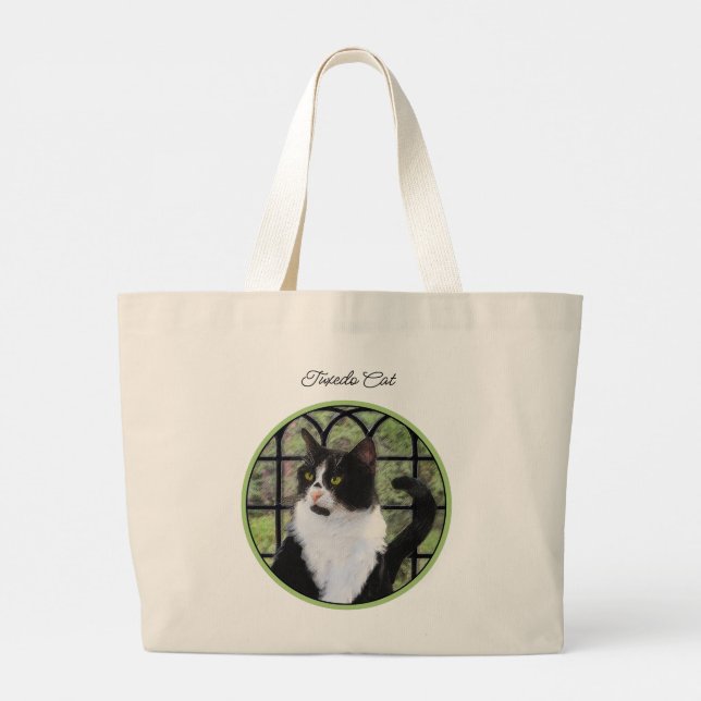 Tuxedo Cat in Window Painting Cute Original Art Large Tote Bag (Back)