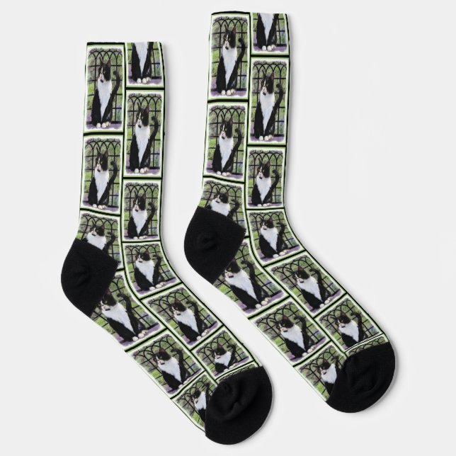 Tuxedo Cat in Window Painting Cute Original Art Socks (Right)