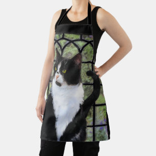 Tuxedo Cat in Window Painting Original Animal Art Apron