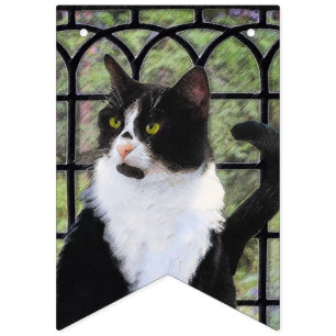 Tuxedo Cat in Window Painting Original Animal Art Bunting