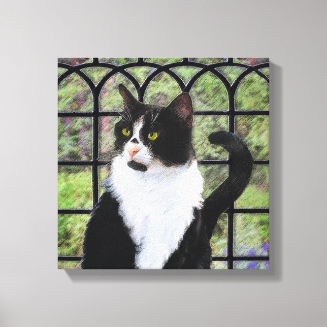 Tuxedo Cat in Window Painting Original Animal Art Canvas Print (Front)