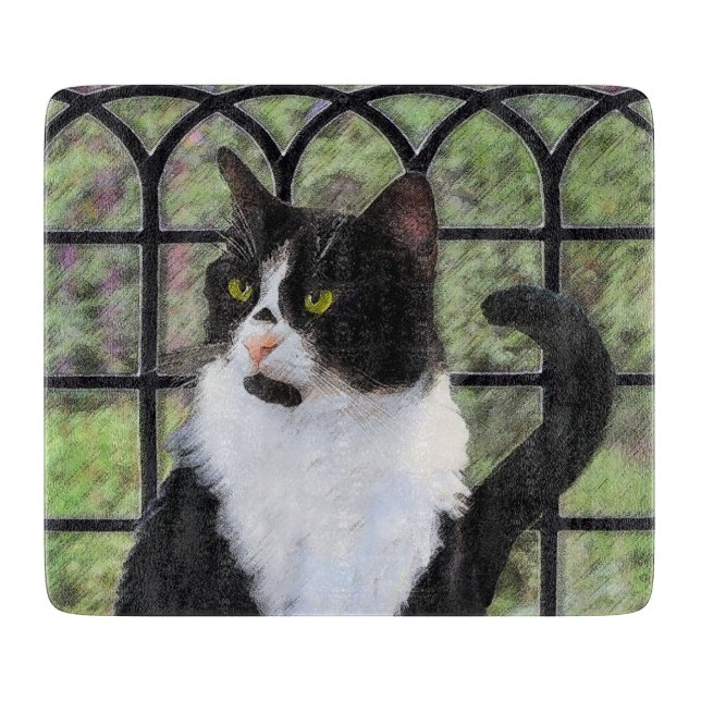 Tuxedo Cat in Window Painting Original Animal Art Cutting Board (Front)