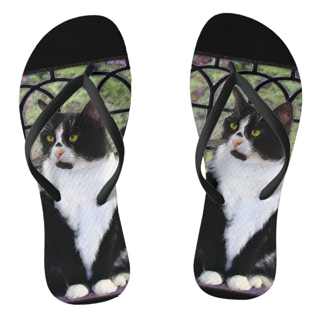 Tuxedo Cat in Window Painting Original Animal Art Flip Flops (Footbed)