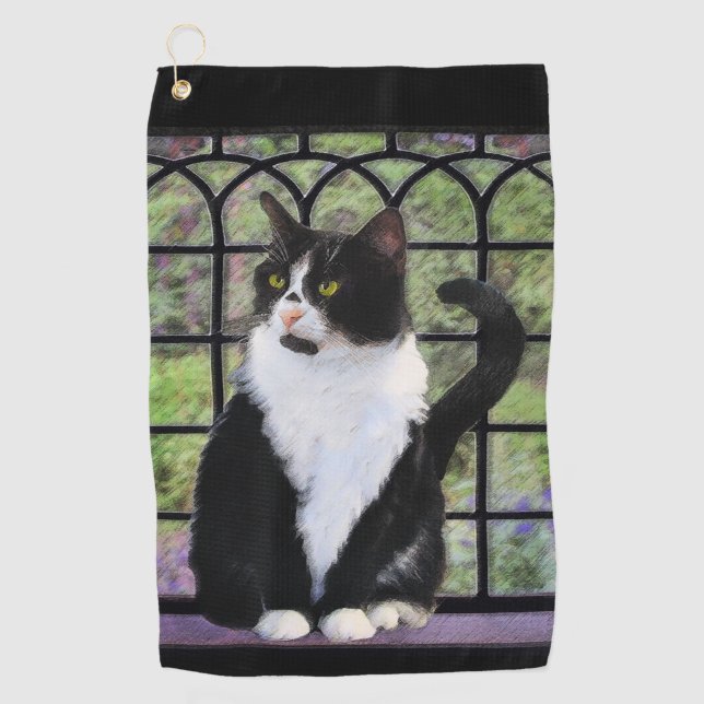 Tuxedo Cat in Window Painting Original Animal Art Golf Towel (Front)