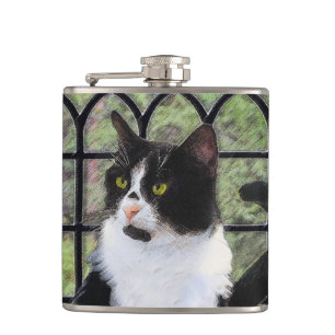 Tuxedo Cat in Window Painting Original Animal Art Hip Flask