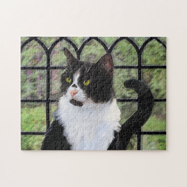 Tuxedo Cat in Window Painting Original Animal Art Jigsaw Puzzle (Horizontal)