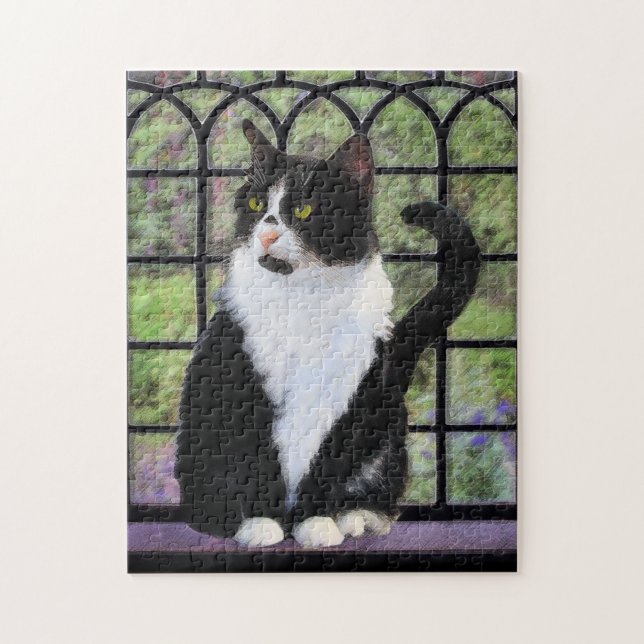 Tuxedo Cat in Window Painting Original Animal Art Jigsaw Puzzle (Vertical)