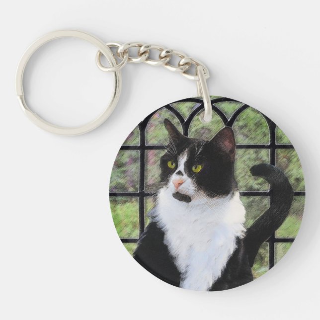 Tuxedo Cat in Window Painting Original Animal Art Key Ring (Front)