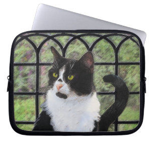 Tuxedo Cat in Window Painting Original Animal Art Laptop Sleeve