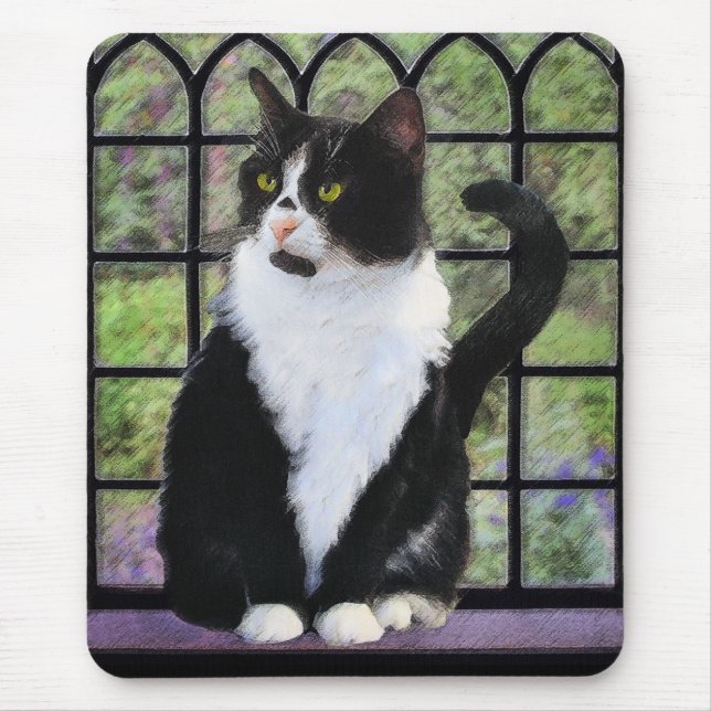 Tuxedo Cat in Window Painting Original Animal Art Mouse Mat (Front)