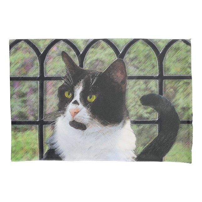 Tuxedo Cat in Window Painting Original Animal Art Pillowcase (Front)
