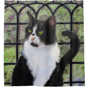 Tuxedo Cat in Window Painting Original Animal Art Shower Curtain