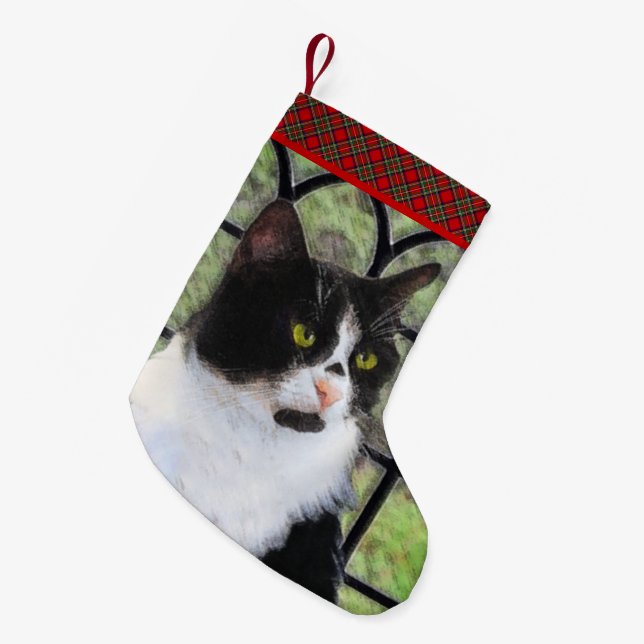 Tuxedo Cat in Window Painting Original Animal Art Small Christmas Stocking (Front (Hanging))