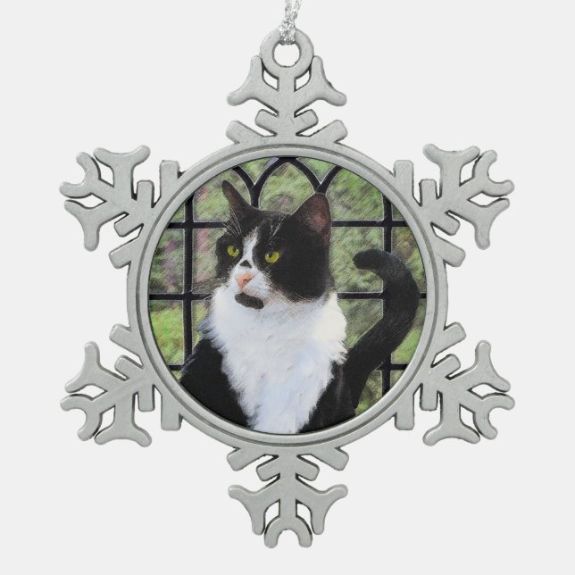 Tuxedo Cat in Window Painting Original Animal Art Snowflake Pewter Christmas Ornament (Front)
