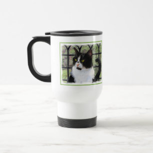 Tuxedo Cat in Window Painting Original Animal Art Travel Mug