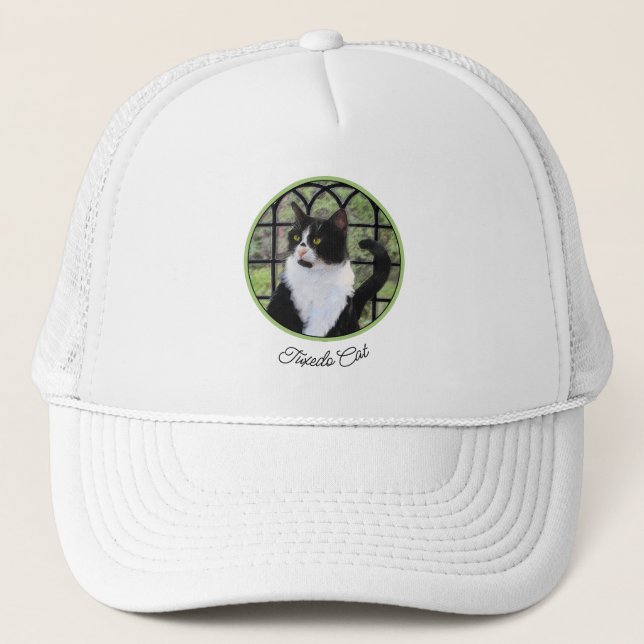 Tuxedo Cat in Window Painting Original Animal Art Trucker Hat (Front)