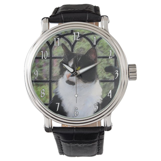 Tuxedo Cat in Window Painting Original Animal Art Watch (Front)