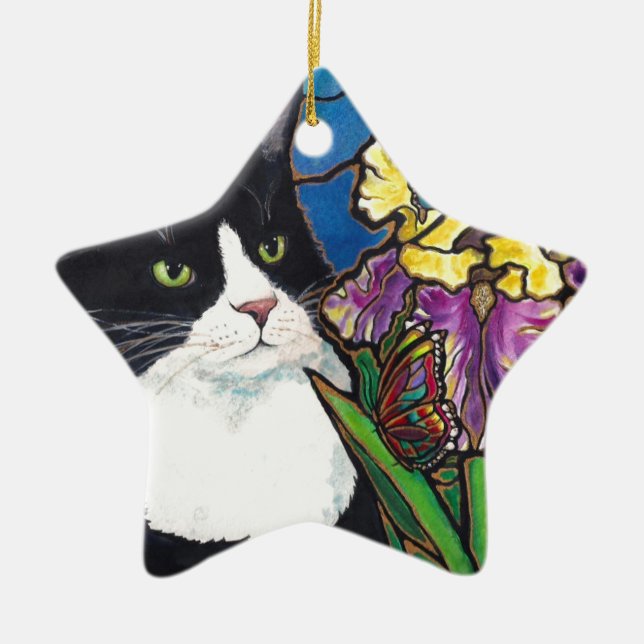 Tuxedo Cat Iris Flower Butterfly Stained Glass Ceramic Tree Decoration (Front)