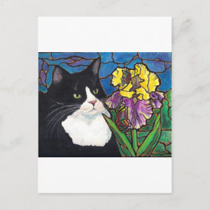 Tuxedo Cat Iris Flower Butterfly Stained Glass Postcard