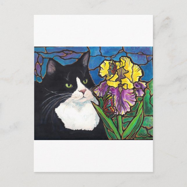 Tuxedo Cat Iris Flower Butterfly Stained Glass Postcard (Front)