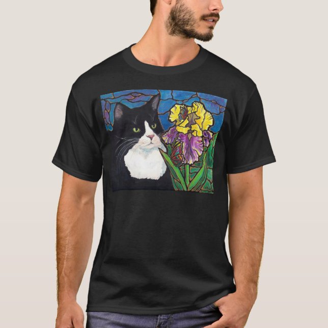 Tuxedo Cat Iris Flower Butterfly Stained Glass T-Shirt (Front)