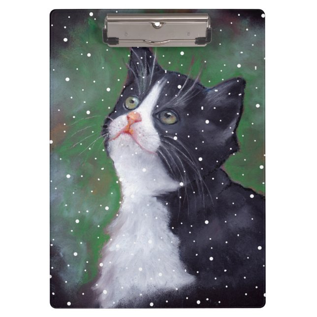 Tuxedo Cat Looking Up at Snow, Oil Pastel Art Clipboard (Front)