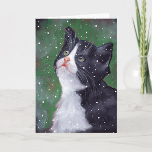 Tuxedo Cat Looking Up At Snowflakes, Art Holiday Card