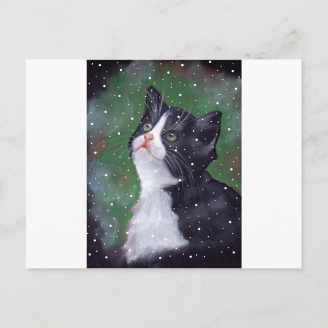 Tuxedo Cat Looking Up At Snowflakes, Painting Postcard (Front)