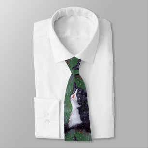 Tuxedo Cat Looking Up At Snowflakes, Painting Tie