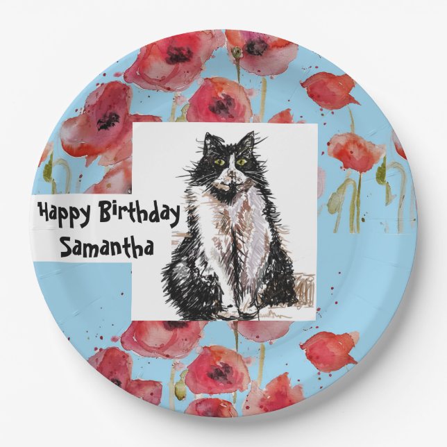 Tuxedo Cat Love You Black and White Cats Girls Paper Plate (Front)