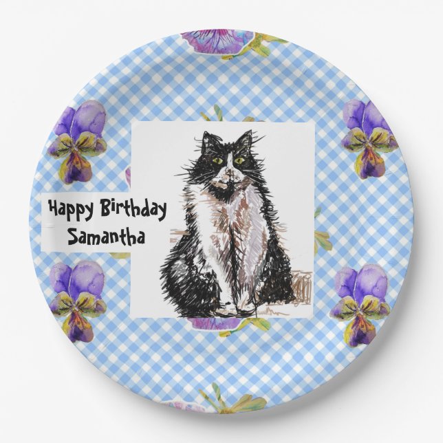 Tuxedo Cat Love You Black and White Cats Girls Paper Plate (Front)