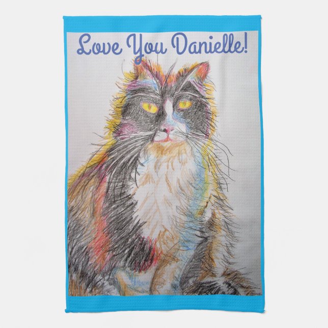 Tuxedo Cat Love You Womans Name Art Tea Towel (Vertical)
