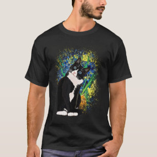 Tuxedo Cat Lovers Mum Dad Van Gogh Flowers Blue Ir T-Shirt