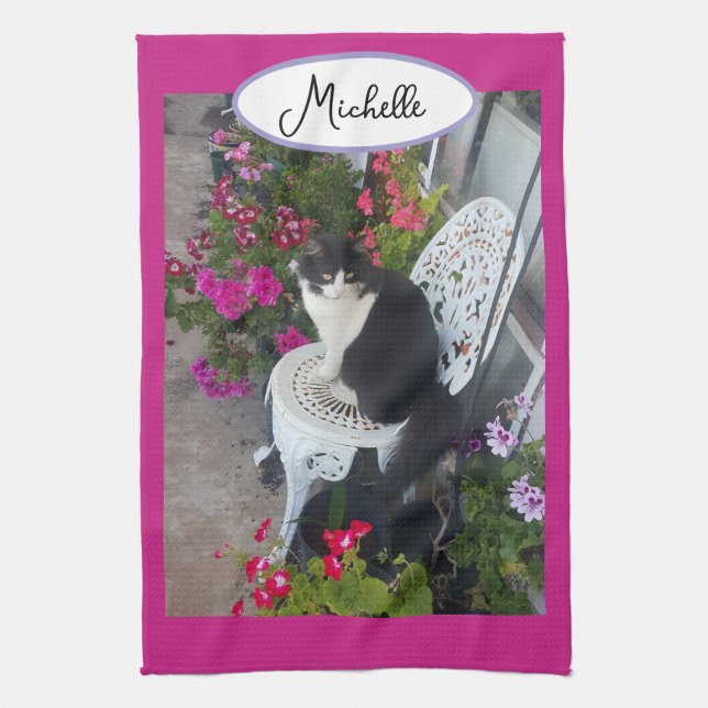Tuxedo Cat Maroon Dark Pink Cats and Flowers Tea Towel (Vertical)