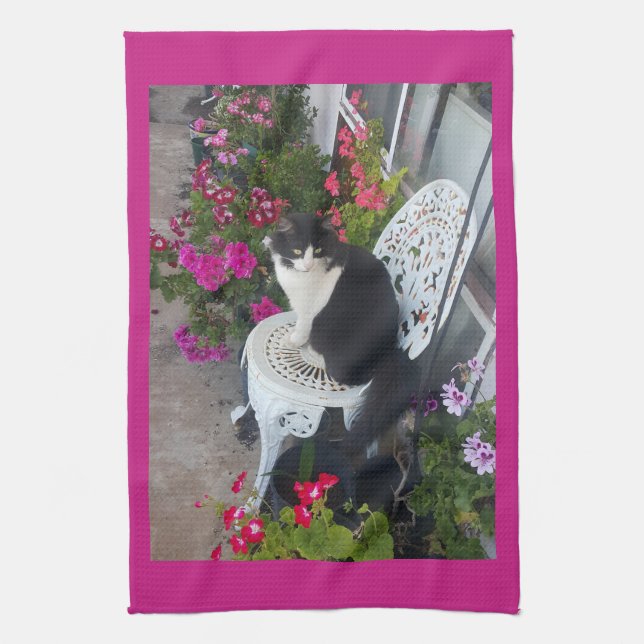 Tuxedo Cat Maroon Dark Pink Cats and Flowers Tea Towel (Vertical)